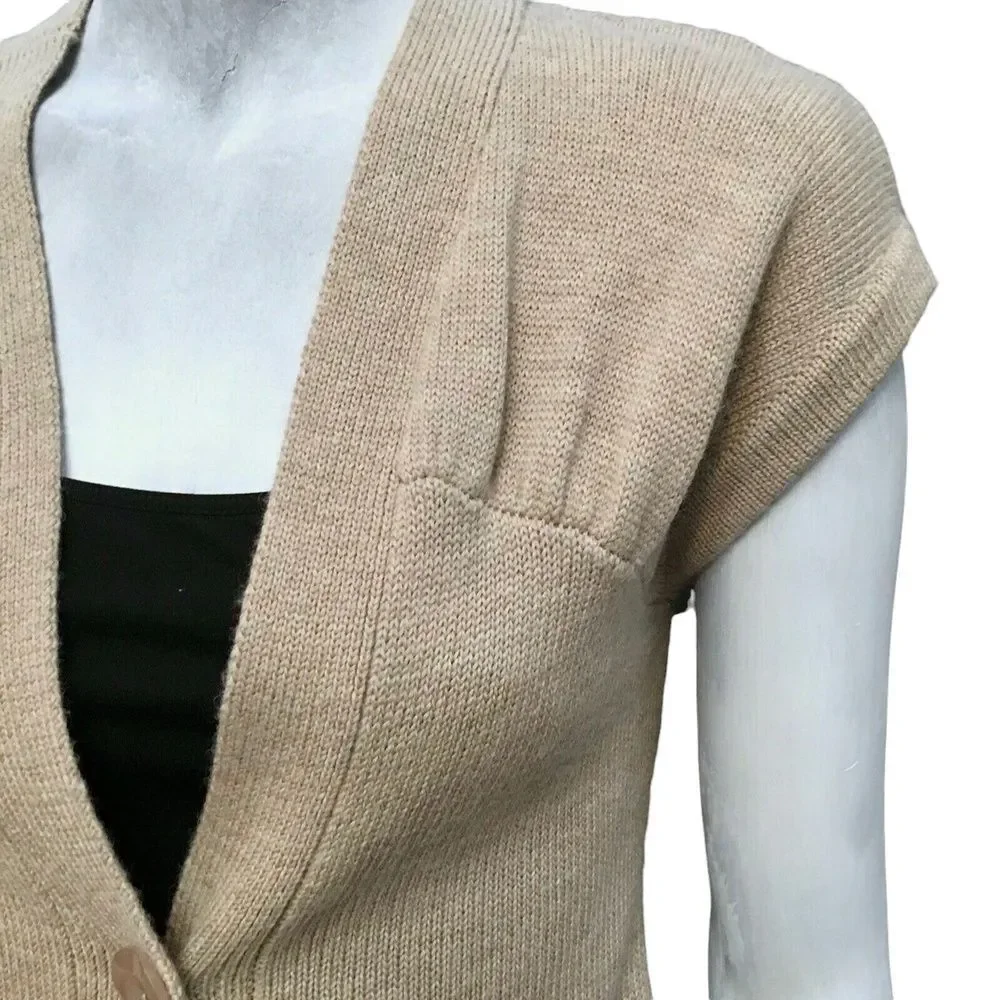 Beth Bowley Beige ButtonUp Minimalist SoftWool Short Sleeve Cardigan Womens S